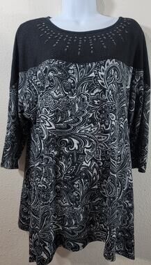 French Blue Woman Black White Rhinestones Top 1X Plus Lightweight Soft Stretchy
